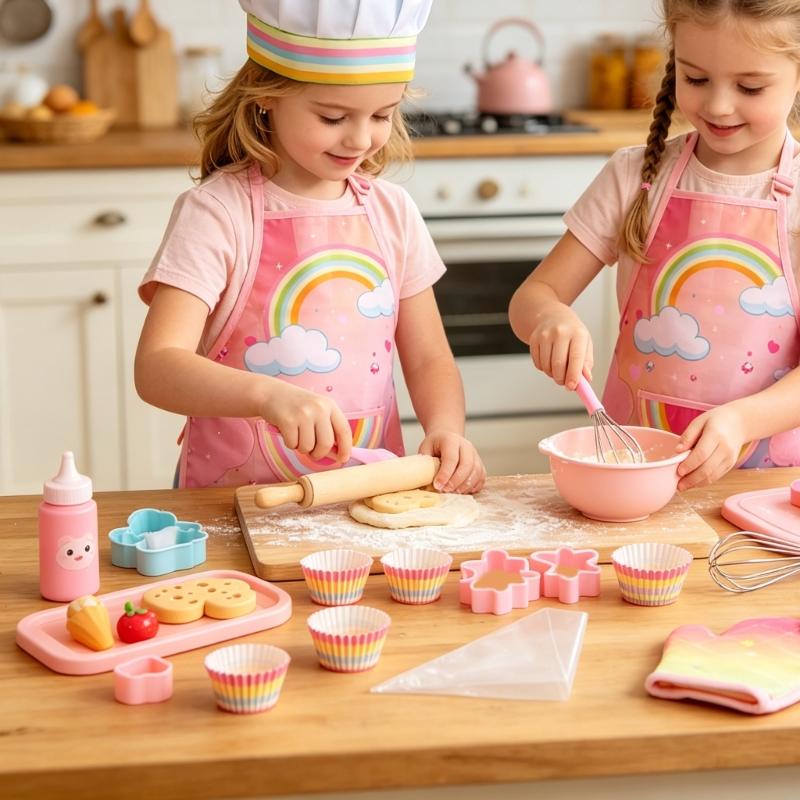 Kitchen Kids Baking Set - เด็กผ้ากันเปื้อนอบชุดถุงมือและCoastersแกล้งทำเป็นเล่นของเล่นสำหรับเด็กวัยหัดเดินRoleplayกิจกรรมทำอาหารเครื่องแต่งกายA2UB