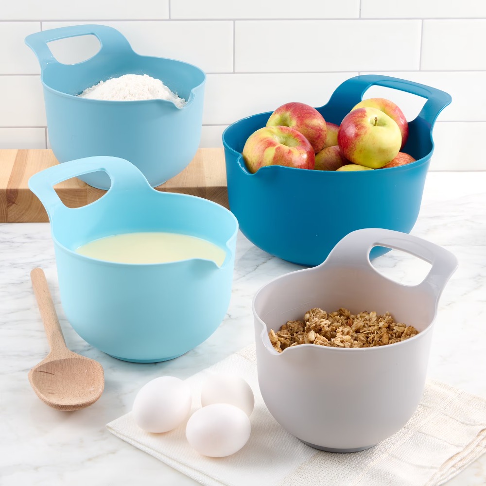 Kitchen Baking Utensil - ชุดชามผสมพลาสติกแบบซ้อนได้ 4 ใบ พร้อมที่เทและหูจับ อุปกรณ์ครัวสำหรับทำขนม ทำอาหาร