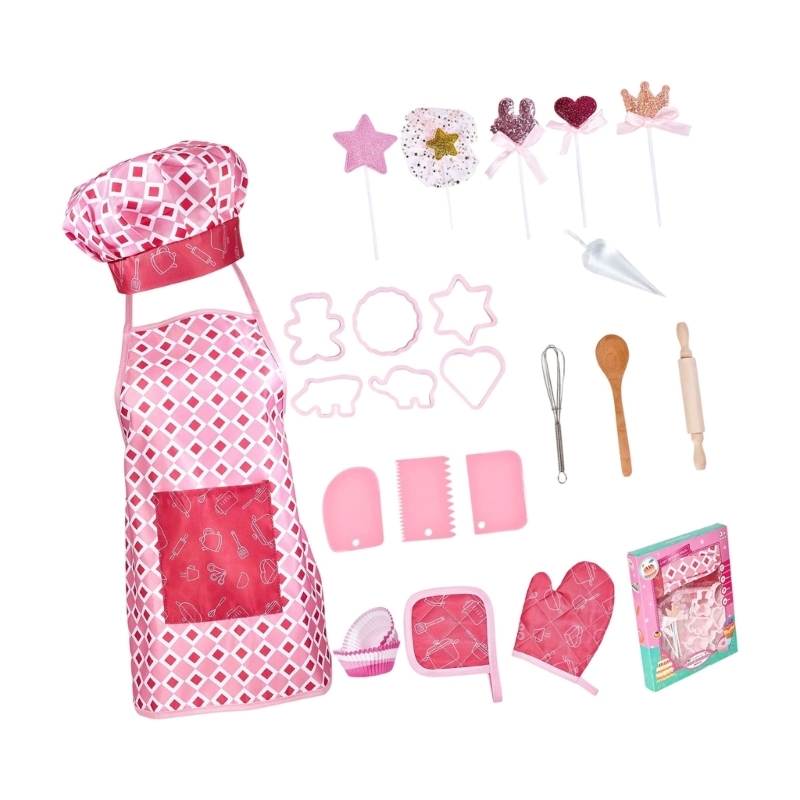 Kitchen Kids Baking Set - ชุดของเล่นเครื่องแต่งกายสำหรับเด็กแบบโต้ตอบสำหรับทำอาหารพร้อมผ้ากันเปื้อนในครัวและอุปกรณ์ 15UB