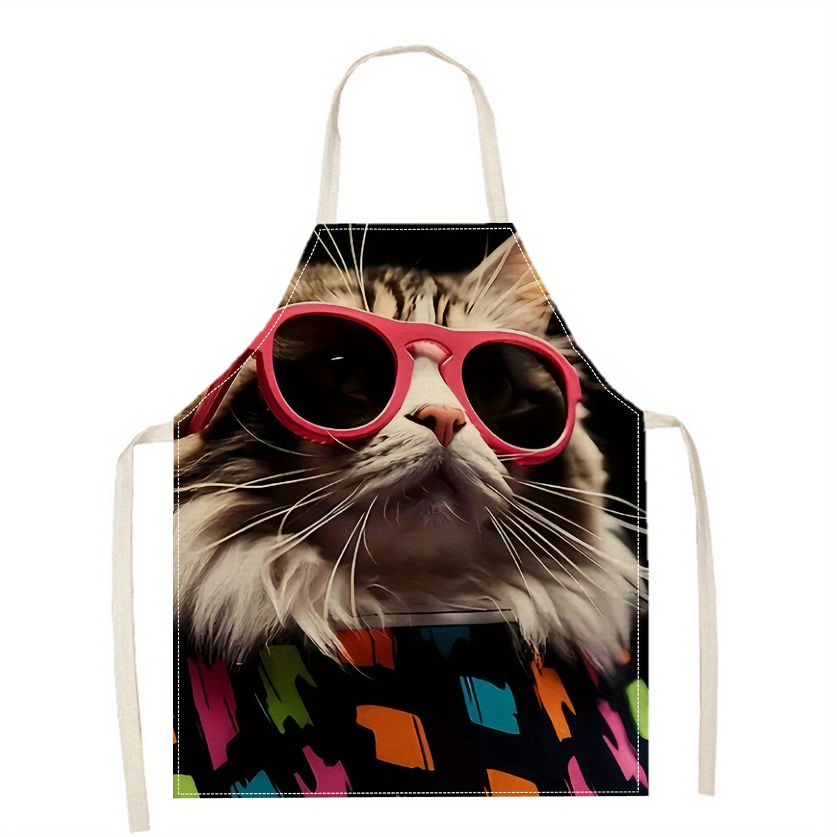 Kitchen Baking Gift Ideas - ผ้ากันเปื้อนลินินลายแมวตลกใส่แว่นกันแดด สำหรับทำครัว อบขนม ทำสวน งานฝีมือ ศิลปะ